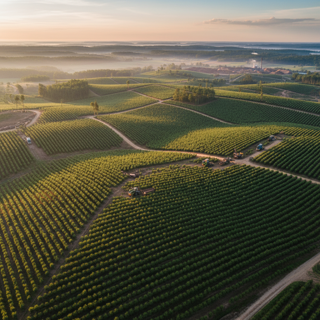 Aerial view of a sustainable forest plantation